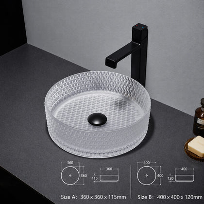 Frosted white faceted glass vessel sink with black faucet, round 360mm diamond-cut bowl