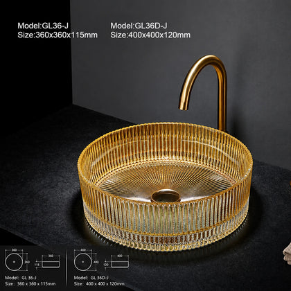 Gold-tinted ribbed glass vessel sink with gold faucet, round 360mm bathroom basin