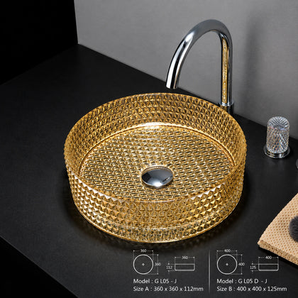 Gold-tinted faceted glass vessel sink with chrome faucet, round 360mm diamond-cut bowl