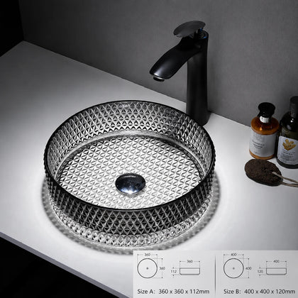 Grey gradient faceted glass vessel sink with black faucet, round 360mm diamond-cut bowl