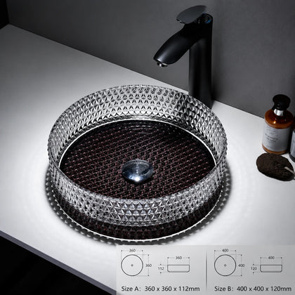 Smoke grey faceted glass vessel sink with dark wine base, black faucet, round 360mm bowl