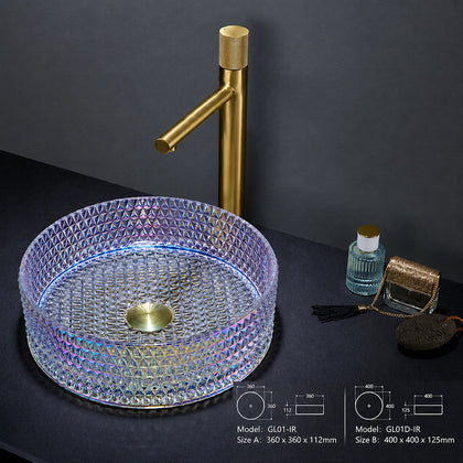 Iridescent rainbow faceted glass vessel sink with gold faucet, round 360mm bowl