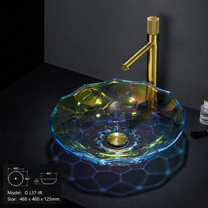 Iridescent rainbow faceted glass vessel sink with gold faucet, round 460mm bowl