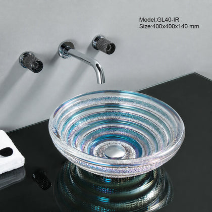 Iridescent rainbow glass vessel sink with chrome faucet, round 400mm spiral bowl