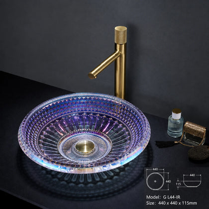 Iridescent rainbow faceted glass vessel sink, round diamond-cut 440mm bathroom basin
