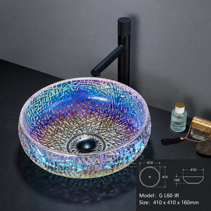 Iridescent rainbow faceted glass vessel sink with black faucet, round 410mm bowl