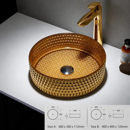 Metallic gold faceted glass vessel sink with gold faucet, round 360mm diamond-cut bowl