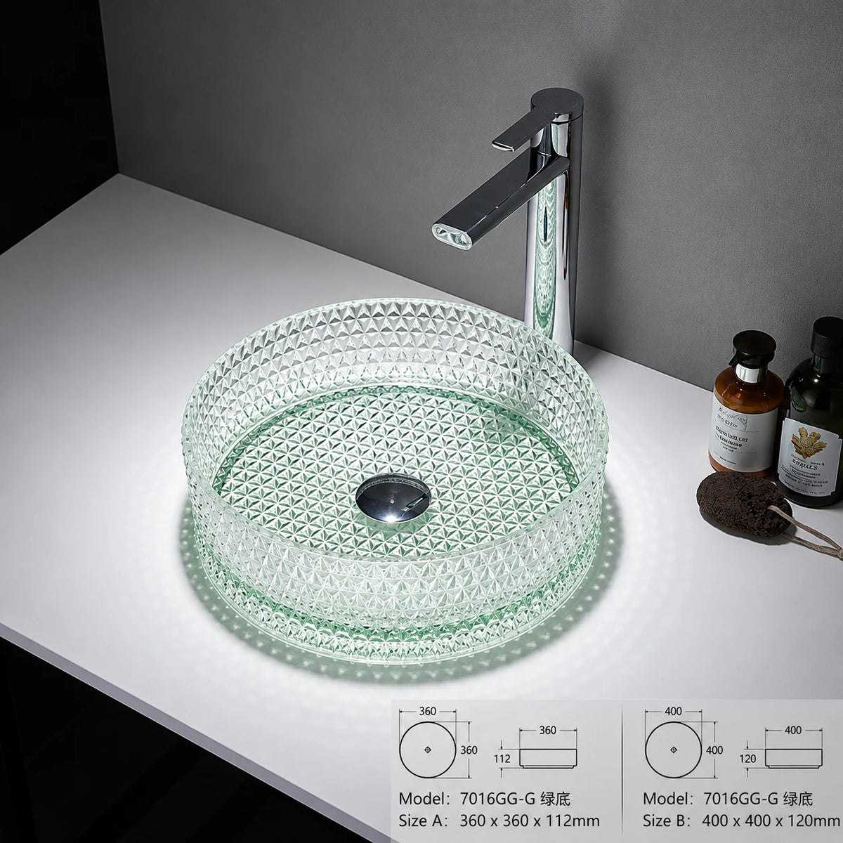 Mint green faceted glass vessel sink with chrome faucet, round 360mm diamond-cut bowl