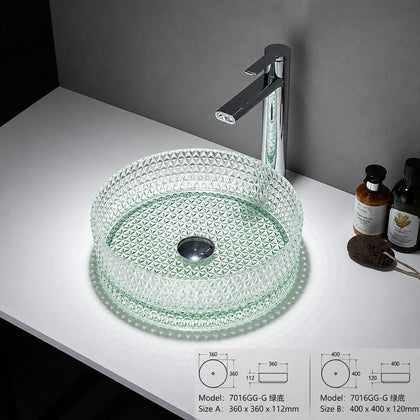 Mint green faceted glass vessel sink with chrome faucet, round 360mm diamond-cut bowl