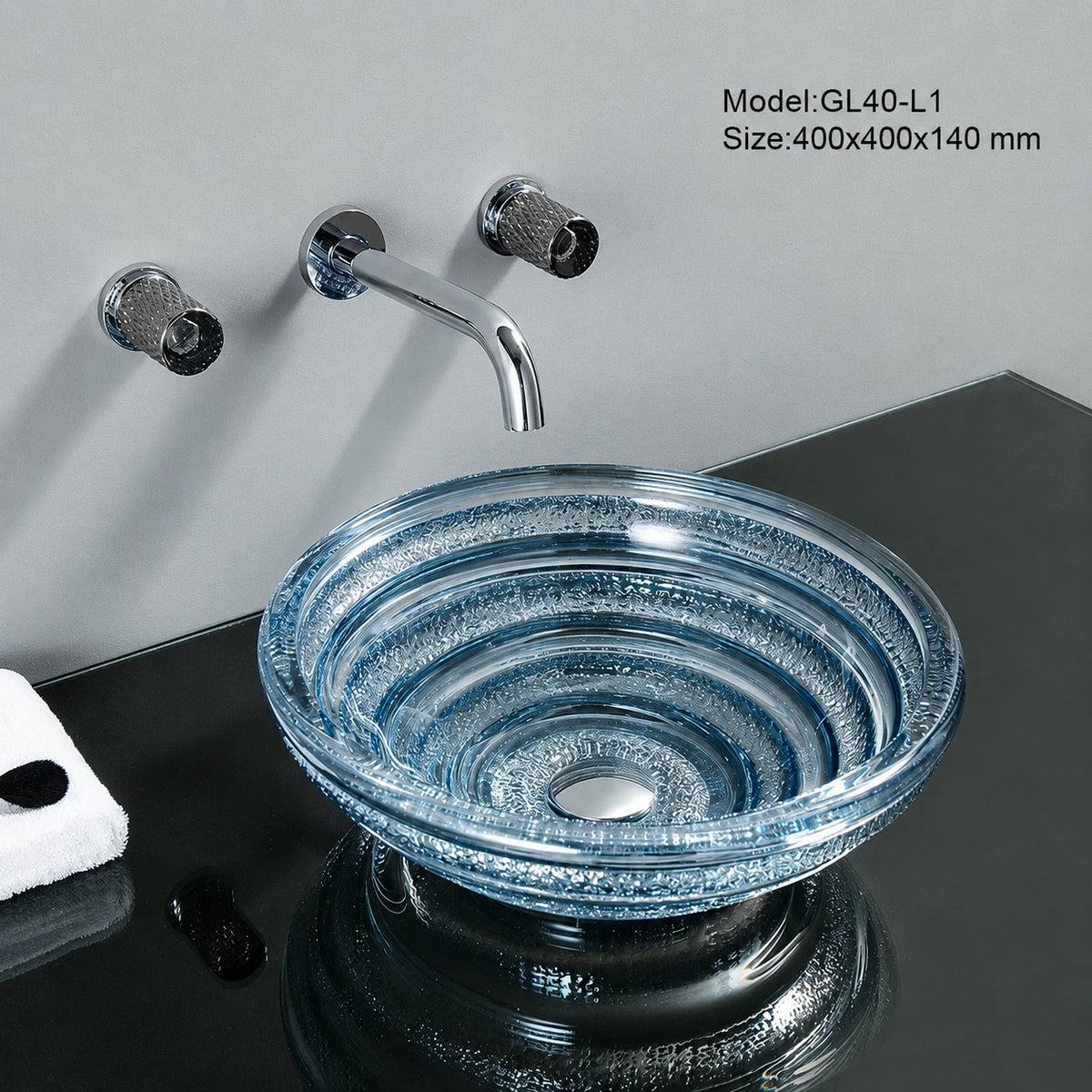 Ocean blue spiral-ridged glass vessel sink with chrome faucet, round 400mm bowl