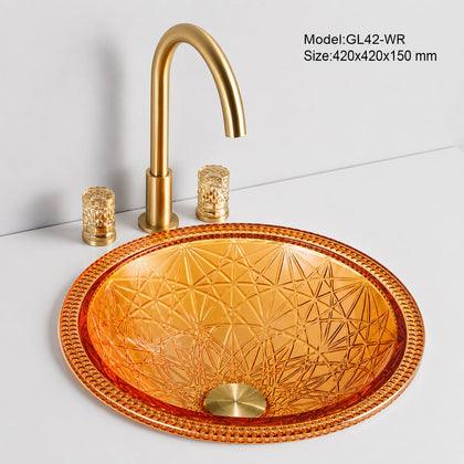 Orange faceted glass vessel sink with gold faucet, round 420mm starburst-cut bowl