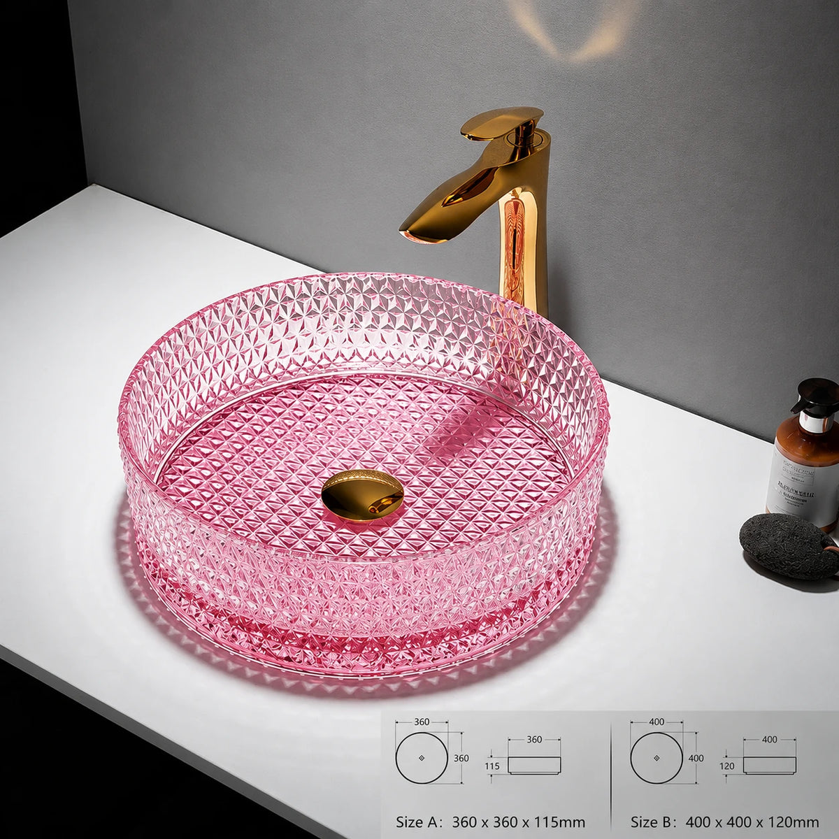 Pink faceted glass vessel sink with gold faucet, round 360mm diamond-cut bowl