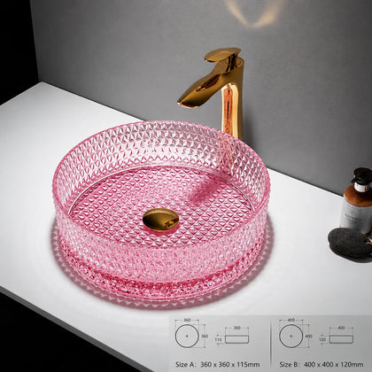 Pink faceted glass vessel sink with gold faucet, round 360mm diamond-cut bowl
