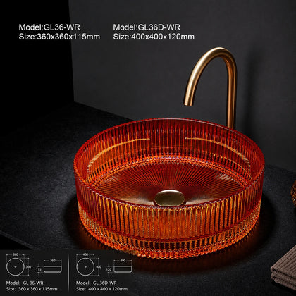 Red orange ribbed glass vessel sink with gold faucet, round 360mm basin