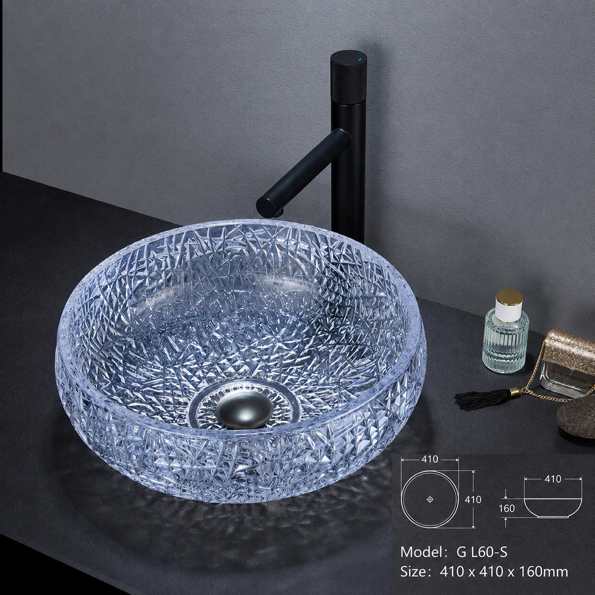 Sapphire blue faceted glass vessel sink with black faucet, round 410mm bowl