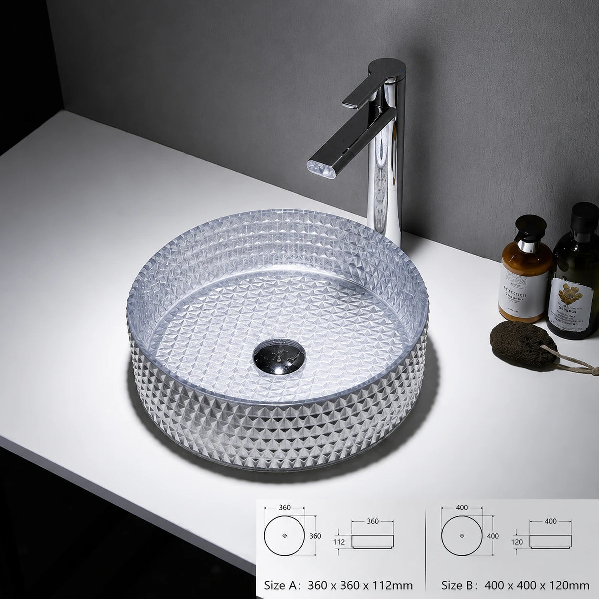 Silver grey faceted glass vessel sink with chrome faucet, round 360mm diamond-cut bowl