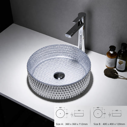 Silver grey faceted glass vessel sink with chrome faucet, round 360mm diamond-cut bowl