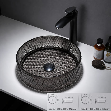 Smoke black faceted glass vessel sink with black faucet, round 360mm diamond-cut bowl