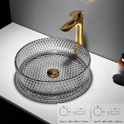 Smoke grey faceted glass vessel sink with gold faucet, round 360mm diamond-cut bowl