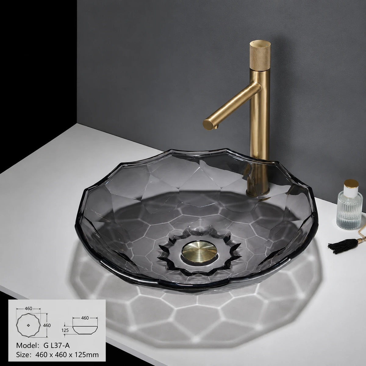 Smoke grey faceted glass vessel sink with gold faucet, round 460mm petal-cut bowl