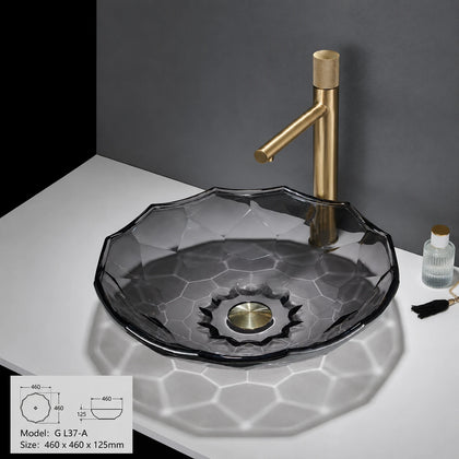 Smoke grey faceted glass vessel sink with gold faucet, round 460mm petal-cut bowl