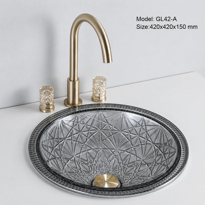 Smoke grey faceted glass vessel sink with gold faucet, round 420mm starburst-cut bowl
