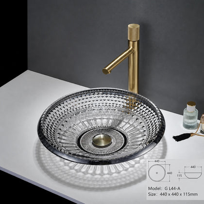 Smoke grey faceted glass vessel sink, round diamond-cut 440mm bathroom art basin