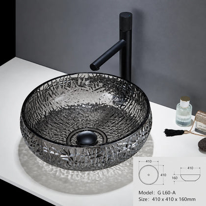 Smoke grey faceted glass vessel sink with black faucet, round 410mm bowl