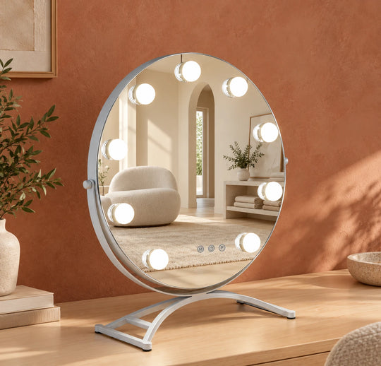 Round Hollywood Bulb LED Makeup Mirror — full product view; HZ