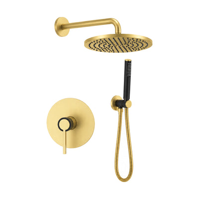 Brushed gold round shower valve trim with slim lever on matte black collar, shown with rough-in body — SANIKB SP1025 21 47 2