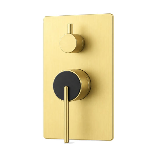 Brushed gold rectangular valve trim with black-faced lever hub and round diverter knob, with rough-in body — SANIKB SP1016 22 43 1