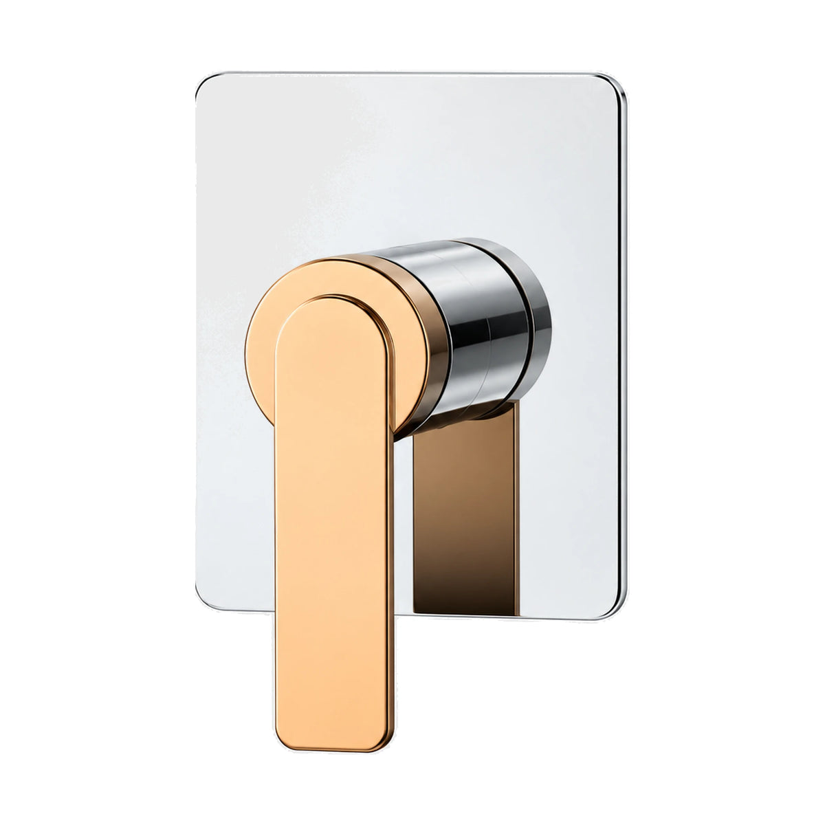 Square chrome shower valve trim plate with rose gold single lever, shown with rough-in valve body — SANIKB SP076C 21 74 1