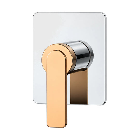 Square chrome shower valve trim plate with rose gold single lever, shown with rough-in valve body — SANIKB SP076C 21 74 1