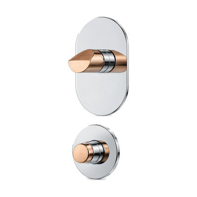 Oval chrome shower valve trim with rose gold slant-cut knob, shown with round rough-in body — SANIKB SP1014 21 59 2