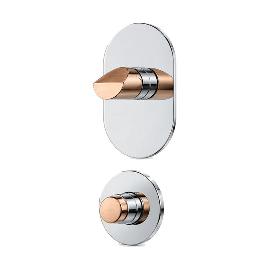 Oval chrome shower valve trim with rose gold slant-cut knob, shown with round rough-in body — SANIKB SP1014 21 59 2