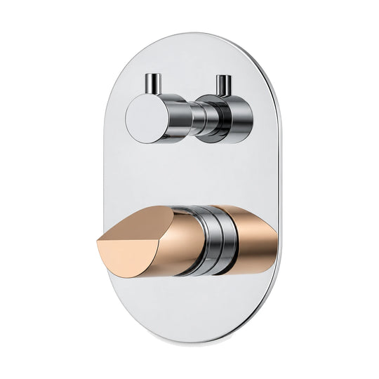 Oval chrome shower valve trim with rose gold slant-cut knob and diverter knob, shown with rough-in body — SANIKB SP1014 22 59 2