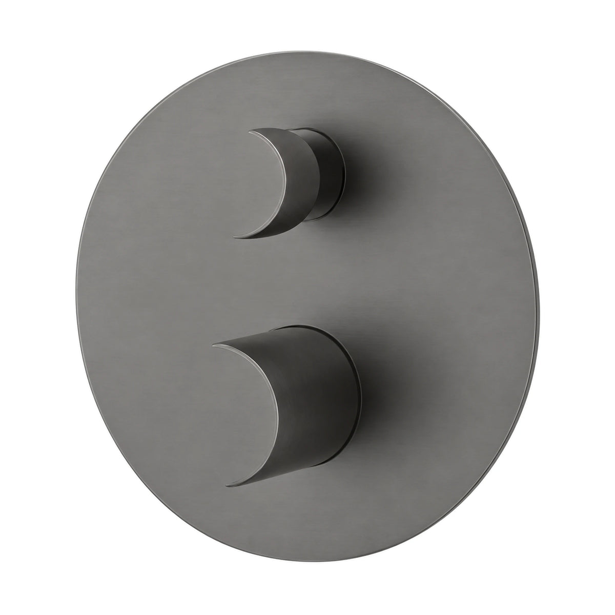 Gun metal grey round shower valve trim with two round knobs, shown with rough-in valve body — SANIKB SP703B 22 45 1
