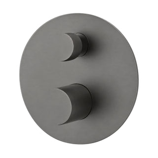 Gun metal grey round shower valve trim with two round knobs, shown with rough-in valve body — SANIKB SP703B 22 45 1