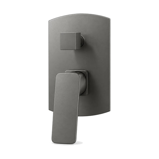 Gun metal grey rounded-rectangle valve trim with angular lever and diverter knob, shown with rough-in body — SANIKB SP1015 22 45 1