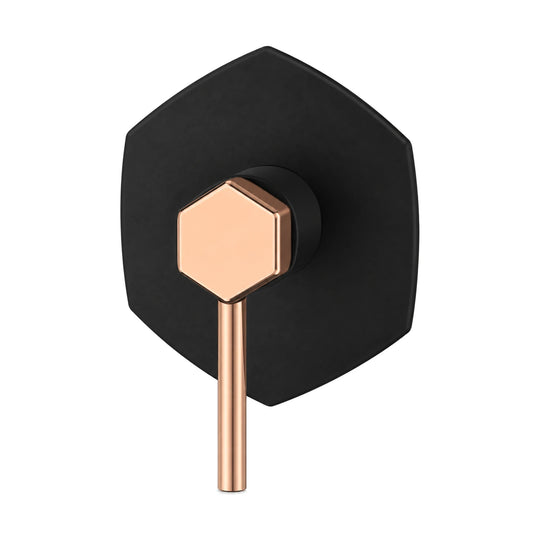 Matte black six-sided shower valve trim with rose gold six-sided hub and pin lever, with rough-in body — SANIKB SP1026 21 10 1