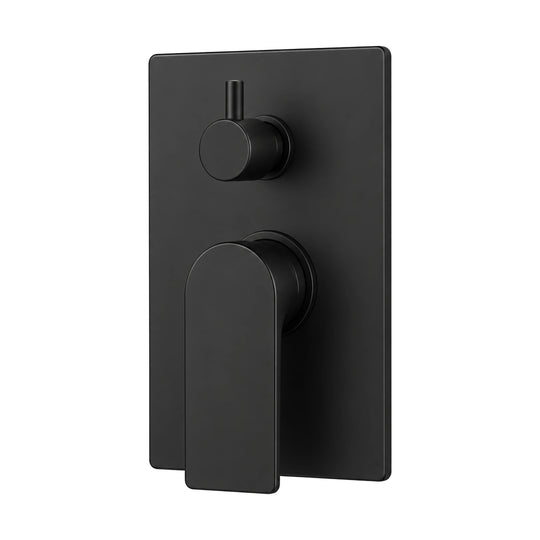 Matte black rectangular shower valve trim with flat lever and small diverter knob, shown with rough-in body — SANIKB SP1018 22 31 2