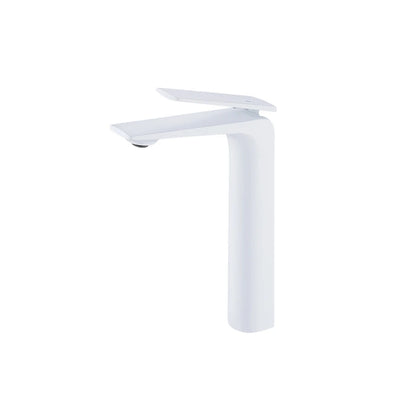 Matte white tall vessel bathroom basin faucet, brass, high-rise blade spout — SANIKB FYF-01647