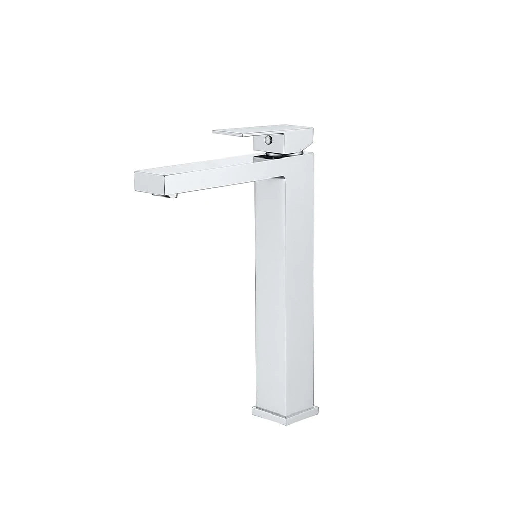 Polished chrome single-hole vessel basin faucet, brass, tall squared body, angular spout — SANIKB FYF-01028.