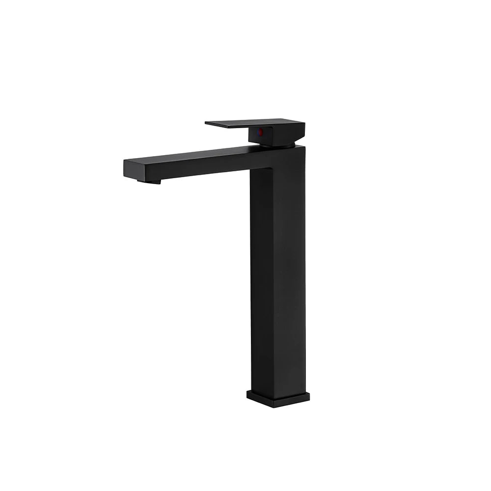 Matte black single-hole vessel basin faucet, brass, tall square body with flat angular spout — SANIKB FYF-01028.