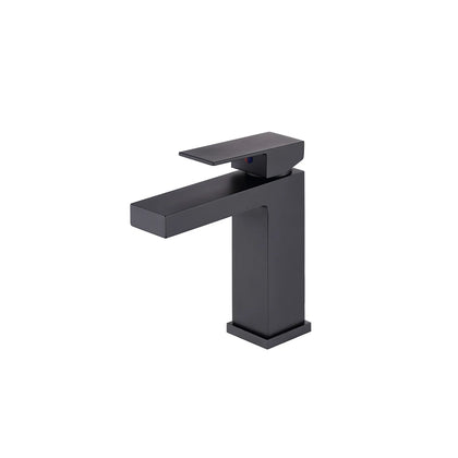 Matte black single-hole bathroom basin faucet, brass, geometric square body with flat angular spout — SANIKB FYF-01028.