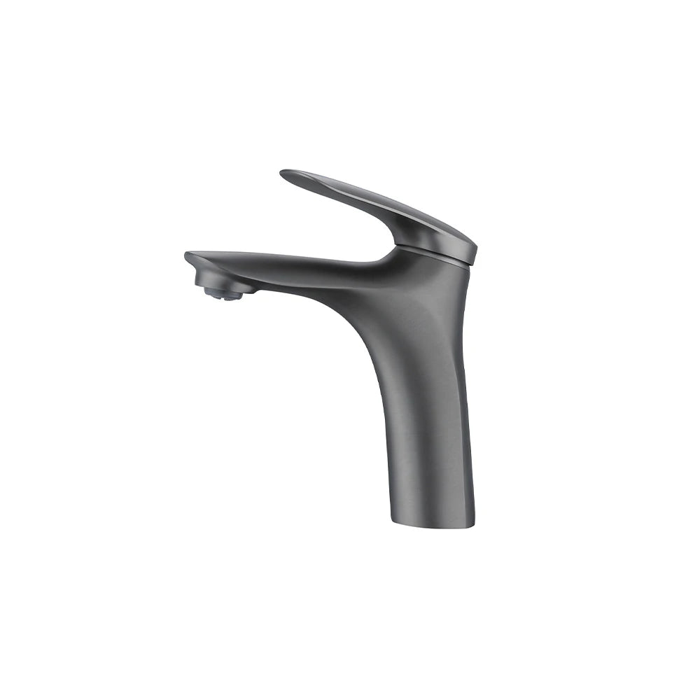 Gunmetal grey single-hole bathroom basin faucet, brass, short standard body with sleek spout — SANIKB FYF-01035.