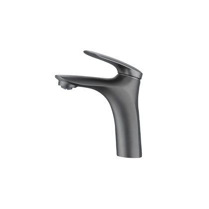 Gunmetal grey single-hole bathroom basin faucet, brass, short standard body with sleek spout — SANIKB FYF-01035.