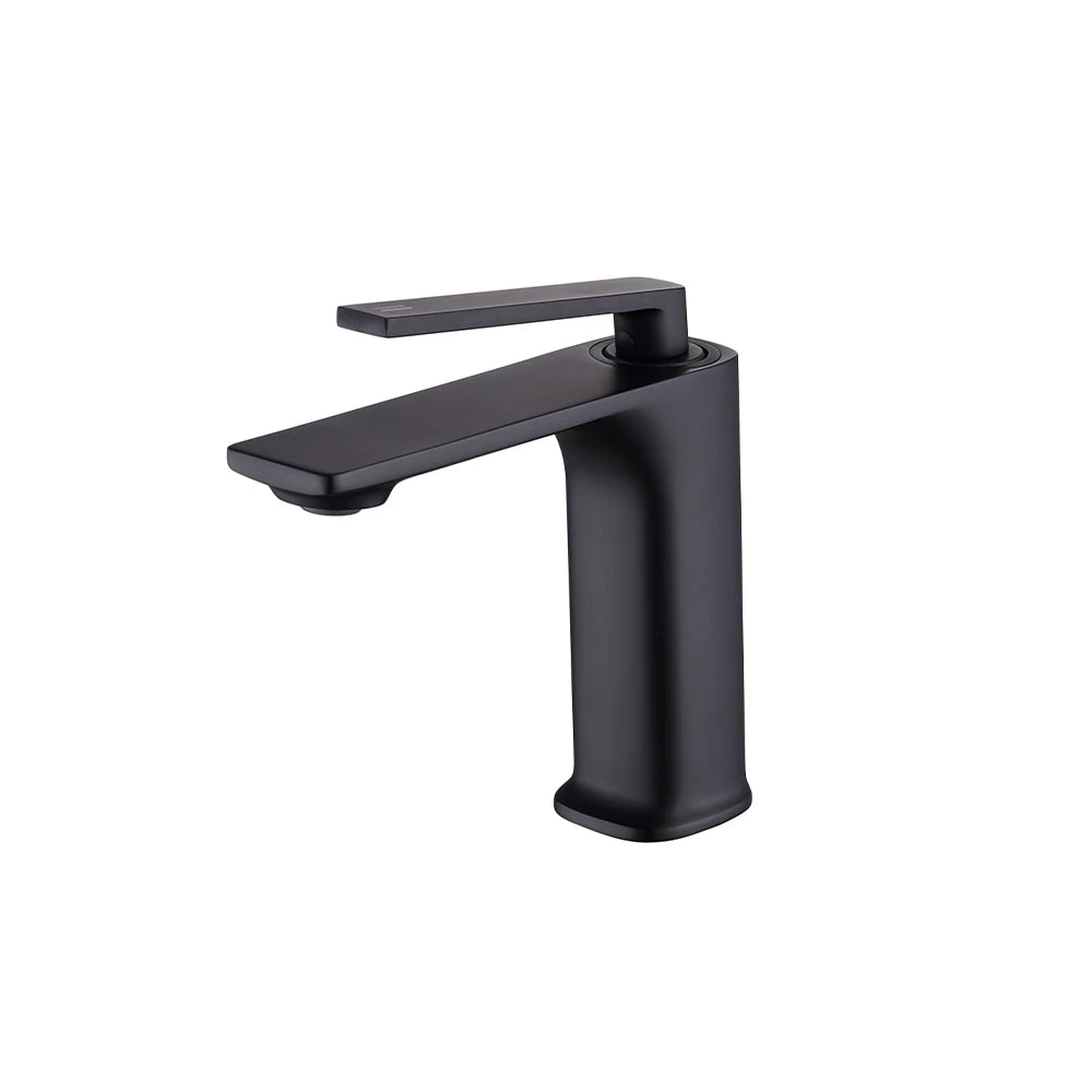 Matte black single-hole bathroom basin faucet, brass standard-height body, squared angular spout — SANIKB FYF-01036.