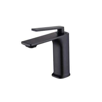 Matte black single-hole bathroom basin faucet, brass standard-height body, squared angular spout — SANIKB FYF-01036.