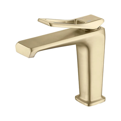 Brushed gold single-hole bathroom basin faucet, brass body, open-loop lever handle — SANIKB FYF-01037.